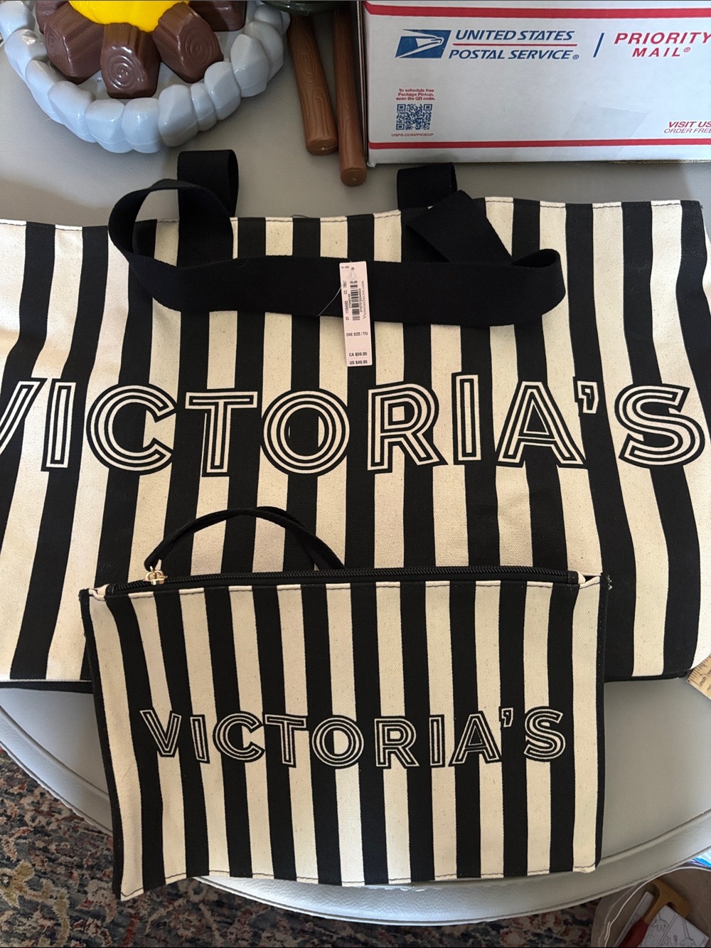 Victoria's Secret Black and White Striped Tote with Matching Pouch